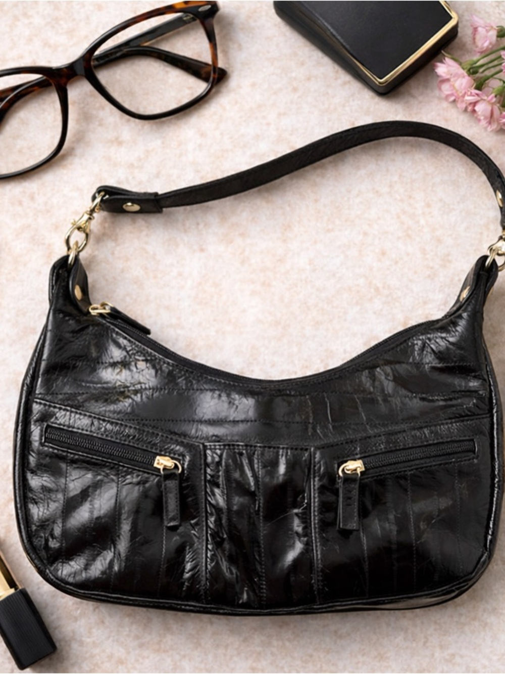 Vintage Eel Skin Leather Shoulder Bag‎ Black Glossy Patchwork Y2K Luxe Glam Girl